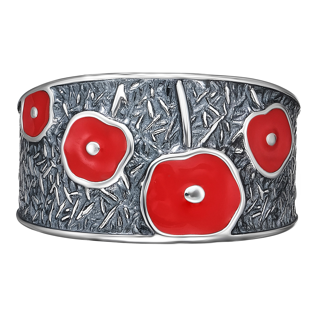 Серебряное кольцо 925 пробы; оксидирование; вставки Эмаль красная;