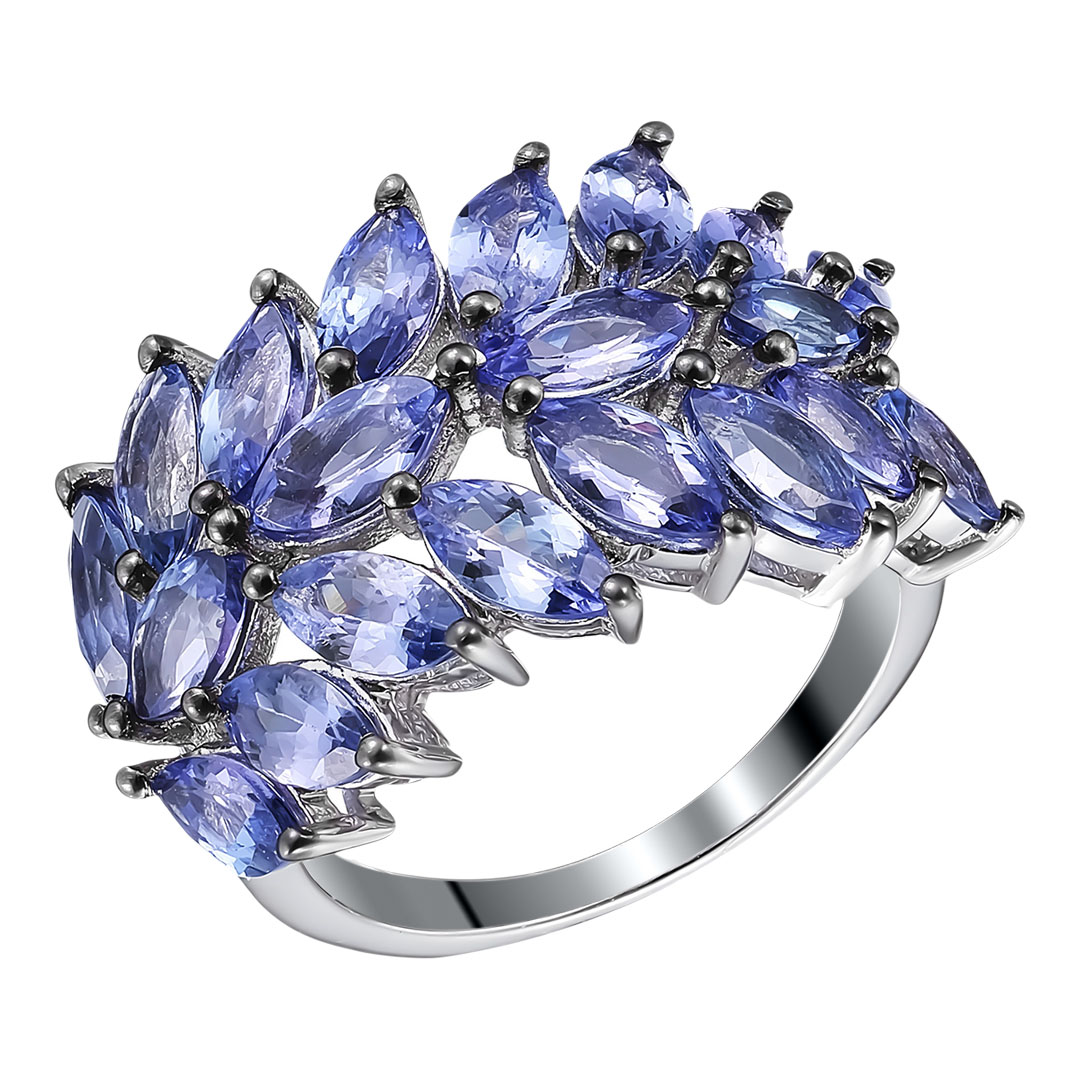 Серебряное кольцо 925 пробы; родий (бел., черн.); вставки 20 Танзанит 4,3ct;