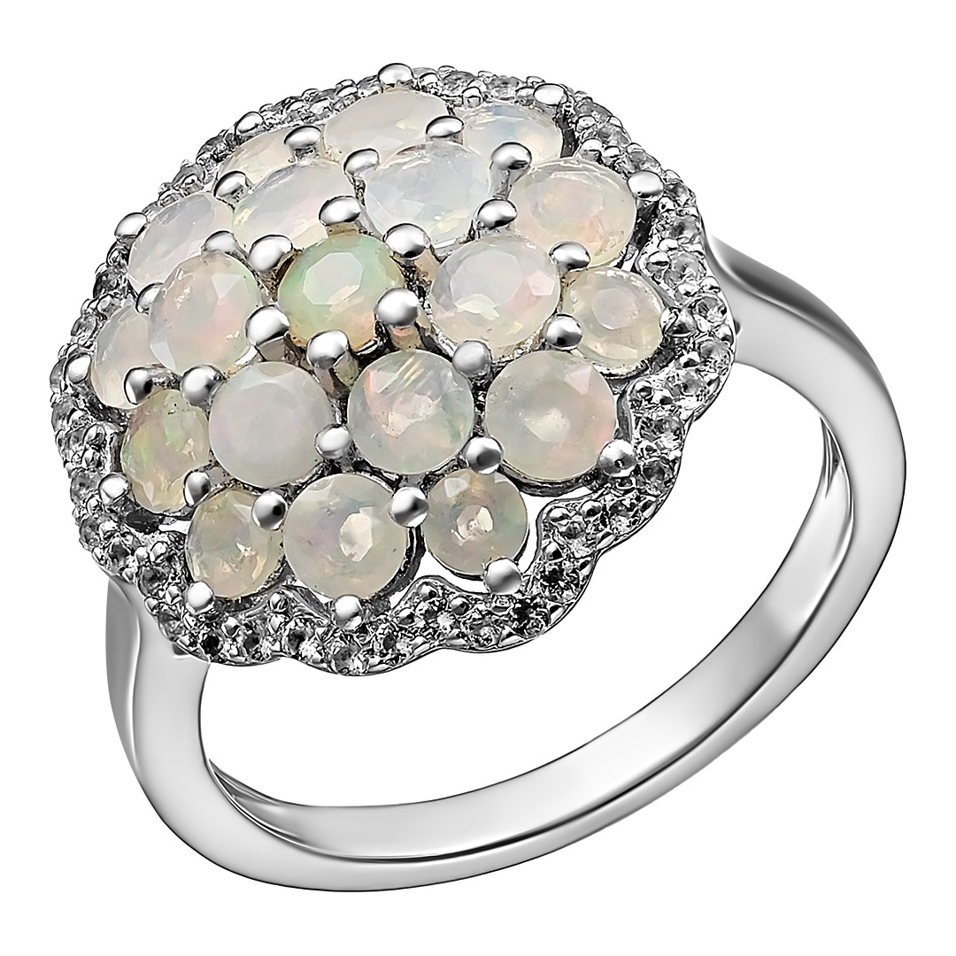 Серебряное кольцо 925 пробы; вставки 19 Опал бел. 1,42ct; 44 Топаз бел. 0,22ct;