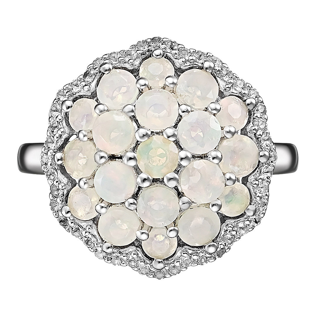 Серебряное кольцо 925 пробы; вставки 19 Опал бел. 1,42ct; 44 Топаз бел. 0,22ct;