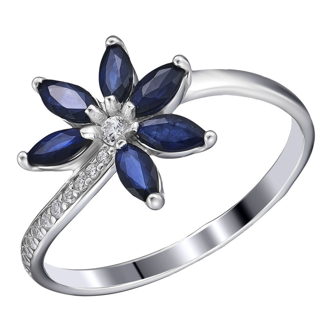 Серебряное кольцо 925 пробы; вставки 12 Фианит бесцв.; 6 Сапфир 0,97 U/2