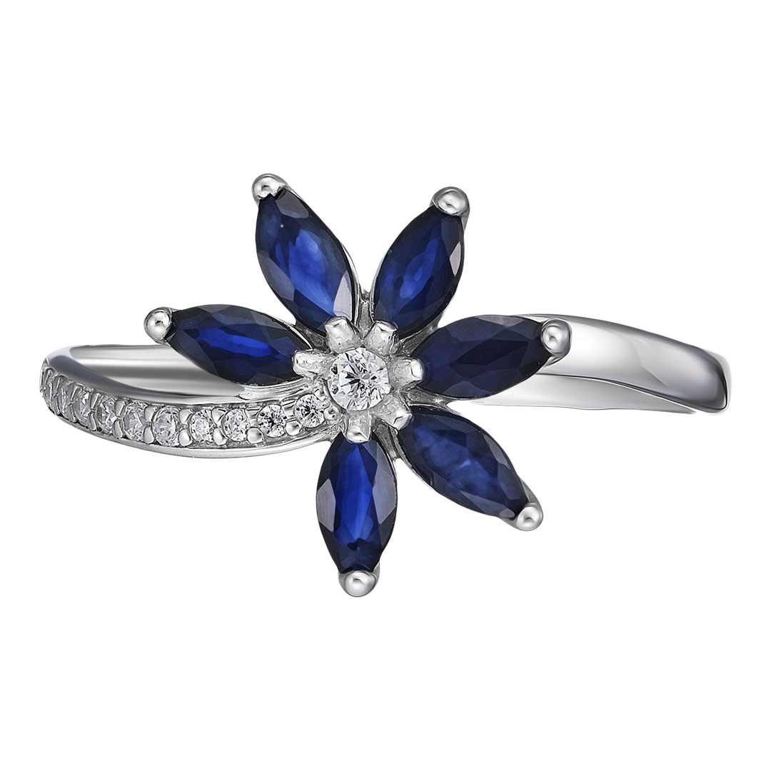 Серебряное кольцо 925 пробы; вставки 12 Фианит бесцв.; 6 Сапфир 0,97 U/2