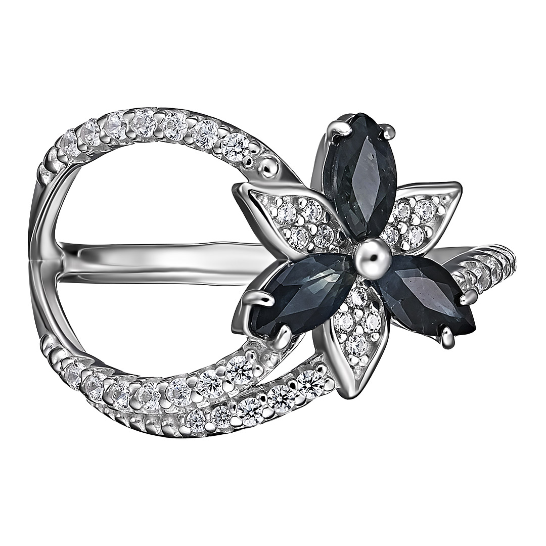 Серебряное кольцо 925 пробы; вставки 36 Фианит бесцв.; 3 Сапфир 0,81 U/2