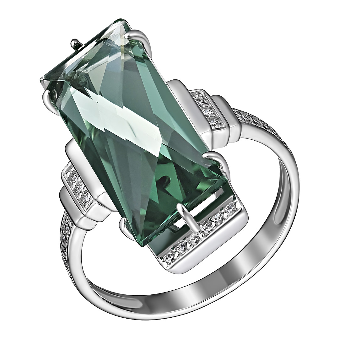 Серебряное кольцо 925 пробы; вставки 1 Празиолит; 28 Фианит бецв.;