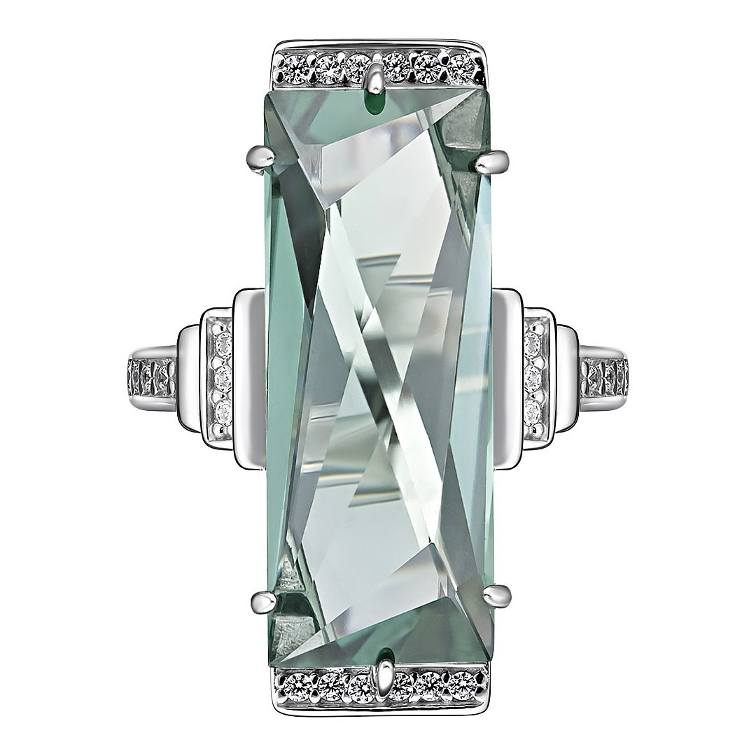 Серебряное кольцо 925 пробы; вставки 1 Празиолит; 28 Фианит бецв.;