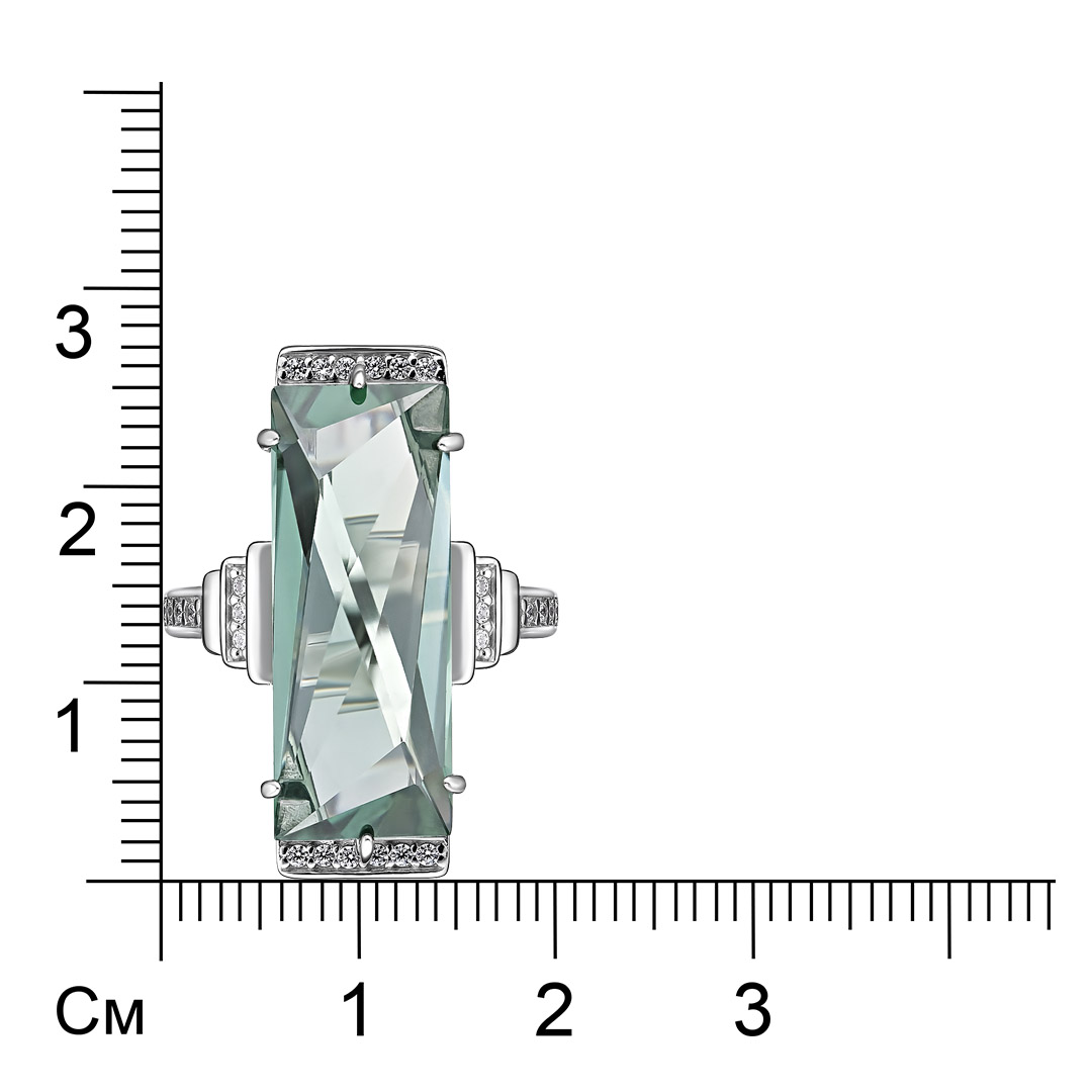 Серебряное кольцо 925 пробы; вставки 1 Празиолит; 28 Фианит бецв.;