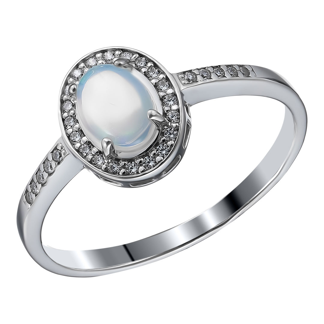 Серебряное кольцо 925 пробы; вставки 1 Опал белый; 30 Фианит бесцв.;