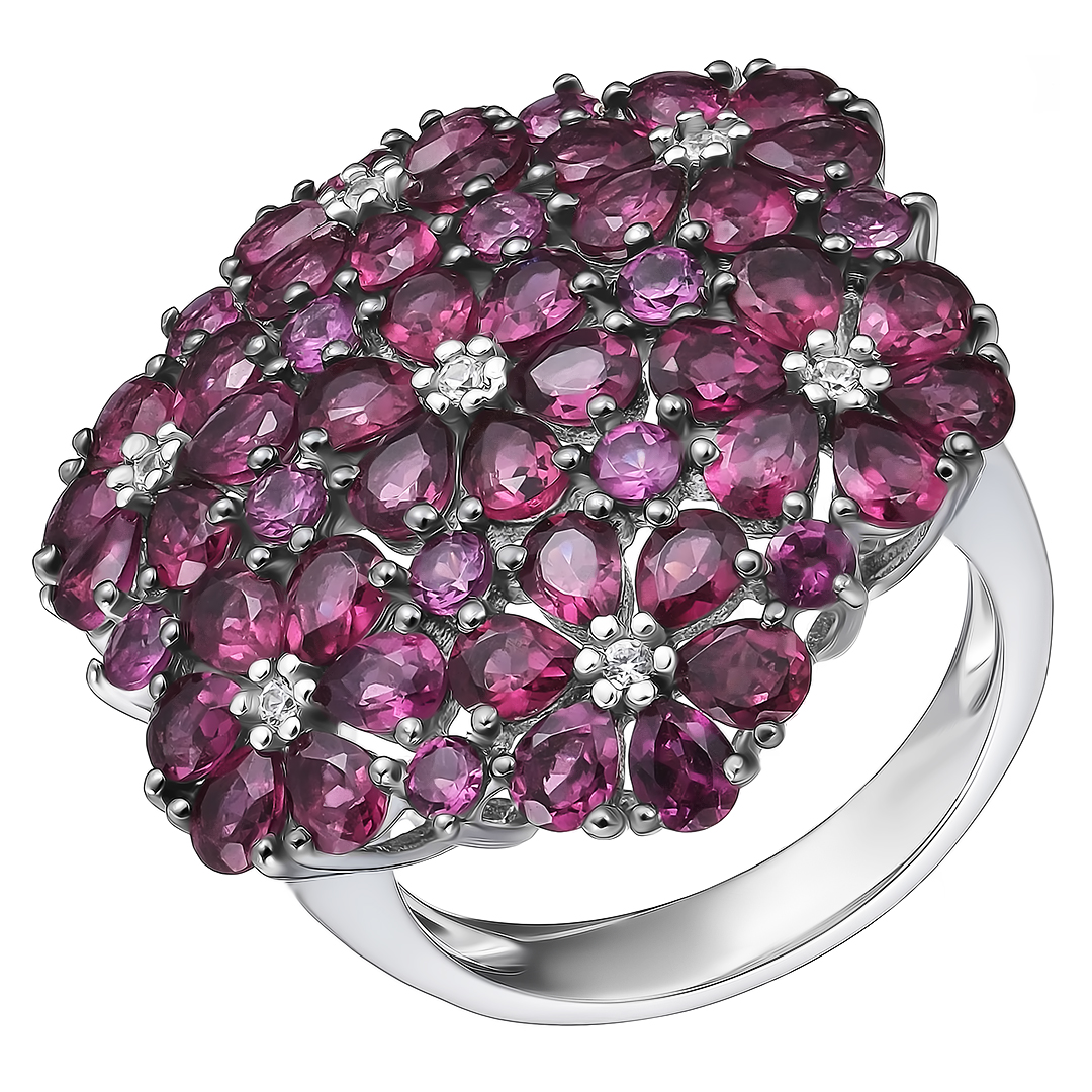 Серебряное кольцо 925 пробы; родий (бел., черн.); вставки Россыпь Родолит 9,5 ct; 7 Циркон бесцв. 0,