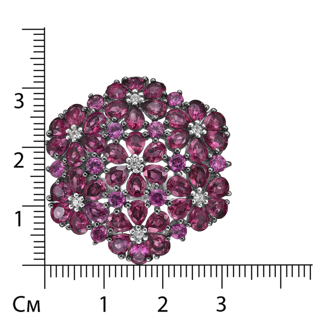 Серебряное кольцо 925 пробы; родий (бел., черн.); вставки Россыпь Родолит 9,5 ct; 7 Циркон бесцв. 0,