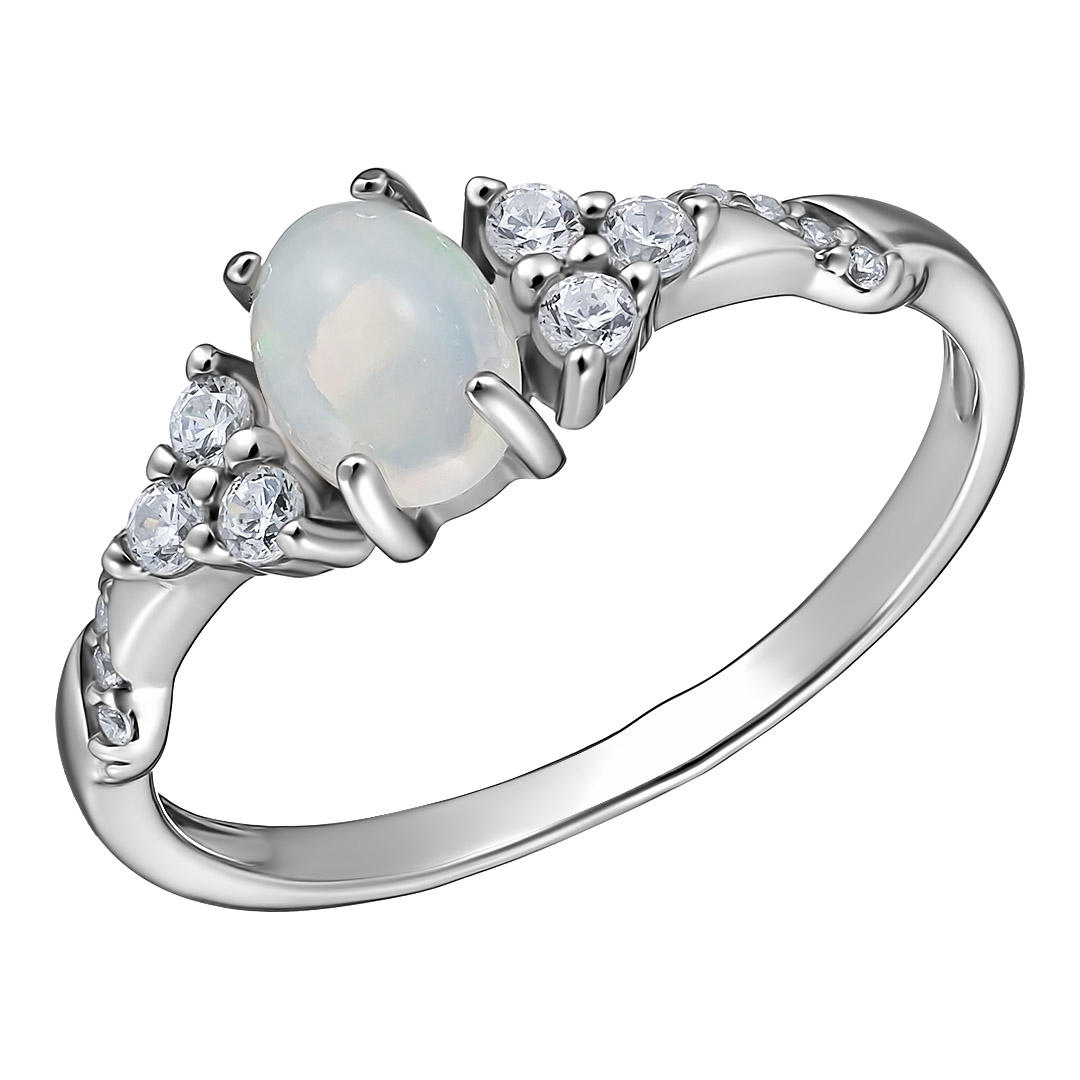 Серебряное кольцо 925 пробы; вставки 1 Опал белый; 14 Фианит бесцв.;