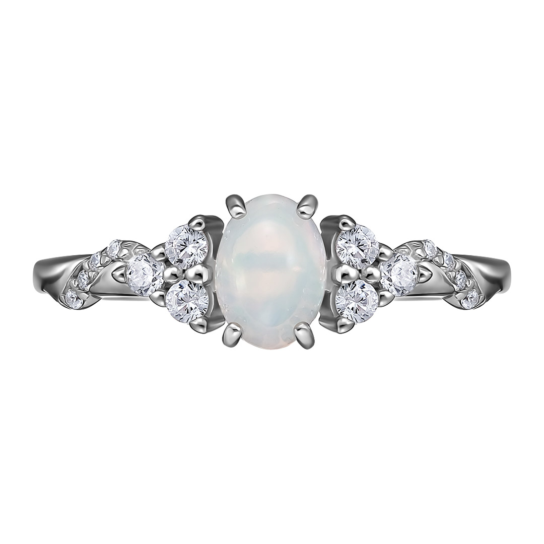 Серебряное кольцо 925 пробы; вставки 1 Опал белый; 14 Фианит бесцв.;