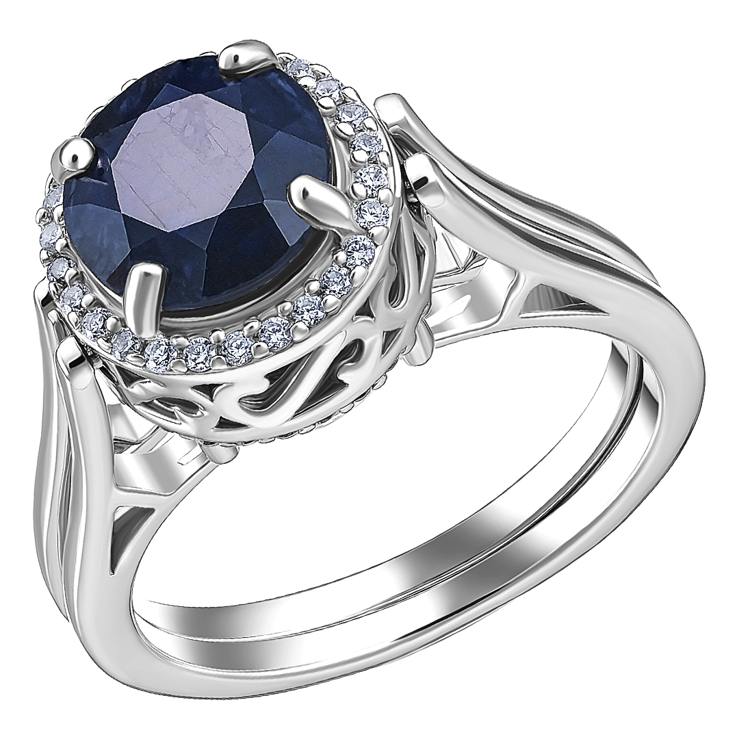 Серебряное кольцо 925 пробы; вставки 1 Сапфир 2,56 ct F/2; 1 Горный хрусталь 1,72 ct; Россыпь Циркон