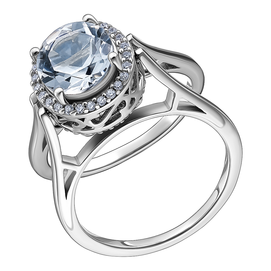 Серебряное кольцо 925 пробы; вставки 1 Сапфир 2,56 ct F/2; 1 Горный хрусталь 1,72 ct; Россыпь Циркон