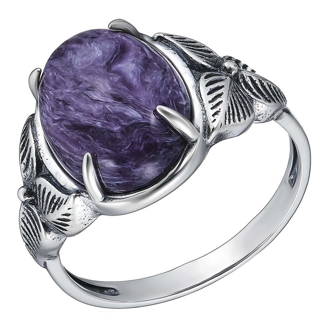Серебряное кольцо 925 пробы; оксидирование; вставки 1 Чароит нат.;