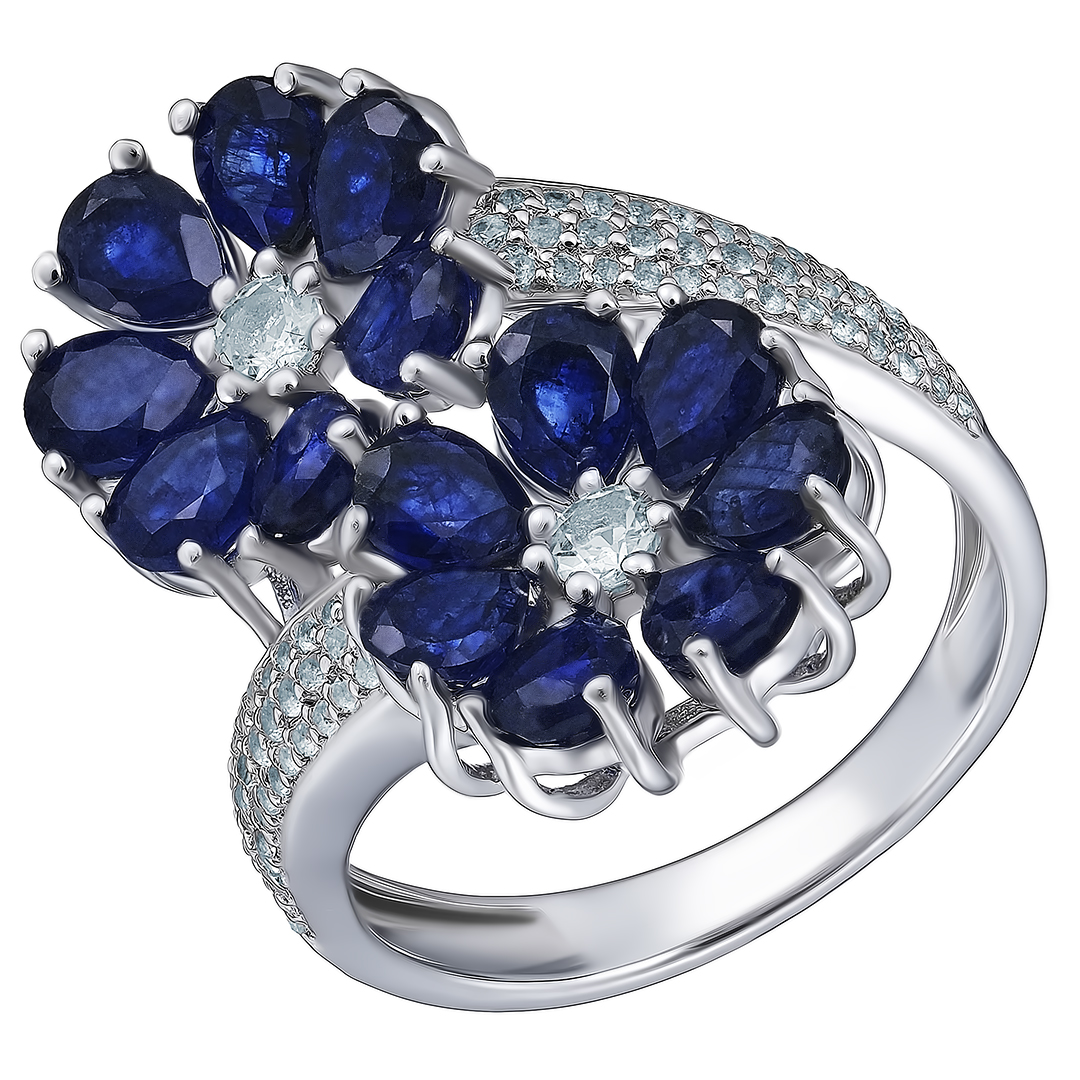 Серебряное кольцо 925 пробы; вставки 14 Сапфир 4,8 ct F/2; Россыпь Топаз белый 0,69 ct;