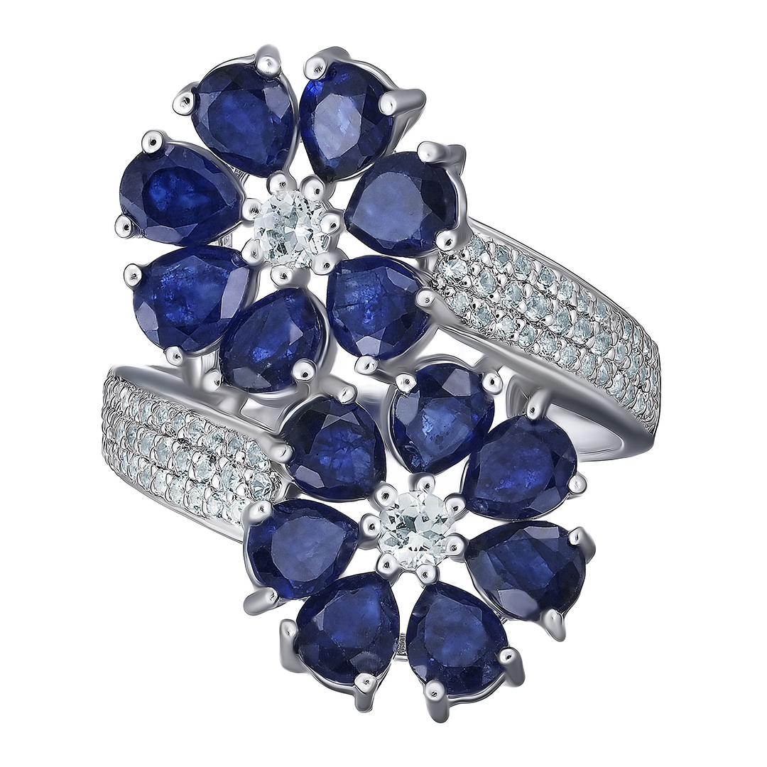 Серебряное кольцо 925 пробы; вставки 14 Сапфир 4,8 ct F/2; Россыпь Топаз белый 0,69 ct;