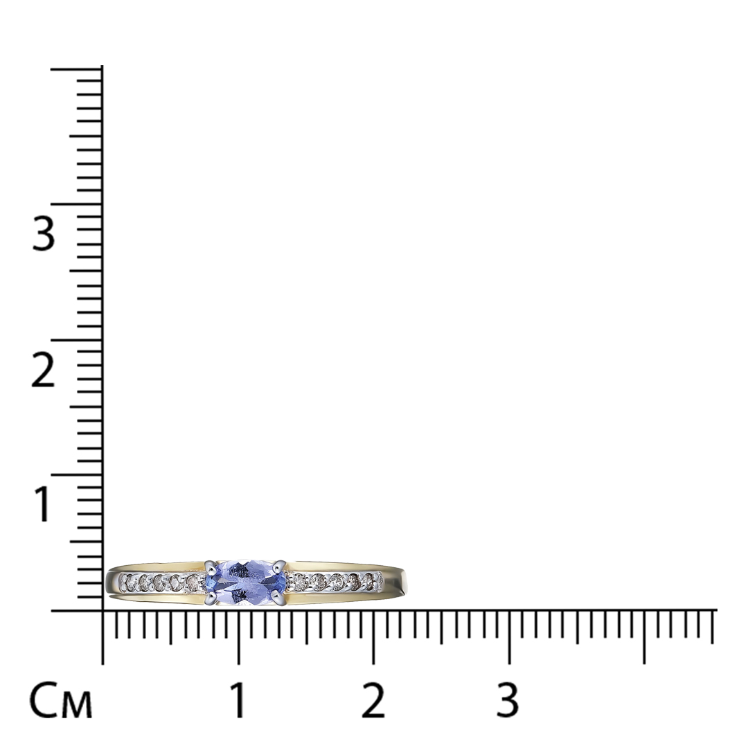 Золотое кольцо 585 пробы; желтое золото; родий; вставки 10 Бр.коньяч.Кр-57 0,06 7/5А; 1 Танзанит;