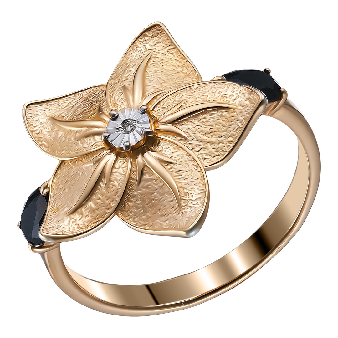 Серебряное кольцо 925 пробы; с алмазной обработкой; вставки 1 Бр.Кр-17 0,004 2/3А; 2 Шпинель черная;