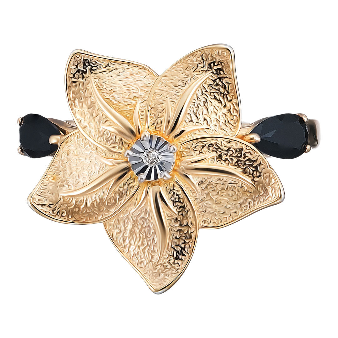 Серебряное кольцо 925 пробы; с алмазной обработкой; вставки 1 Бр.Кр-17 0,004 2/3А; 2 Шпинель черная;