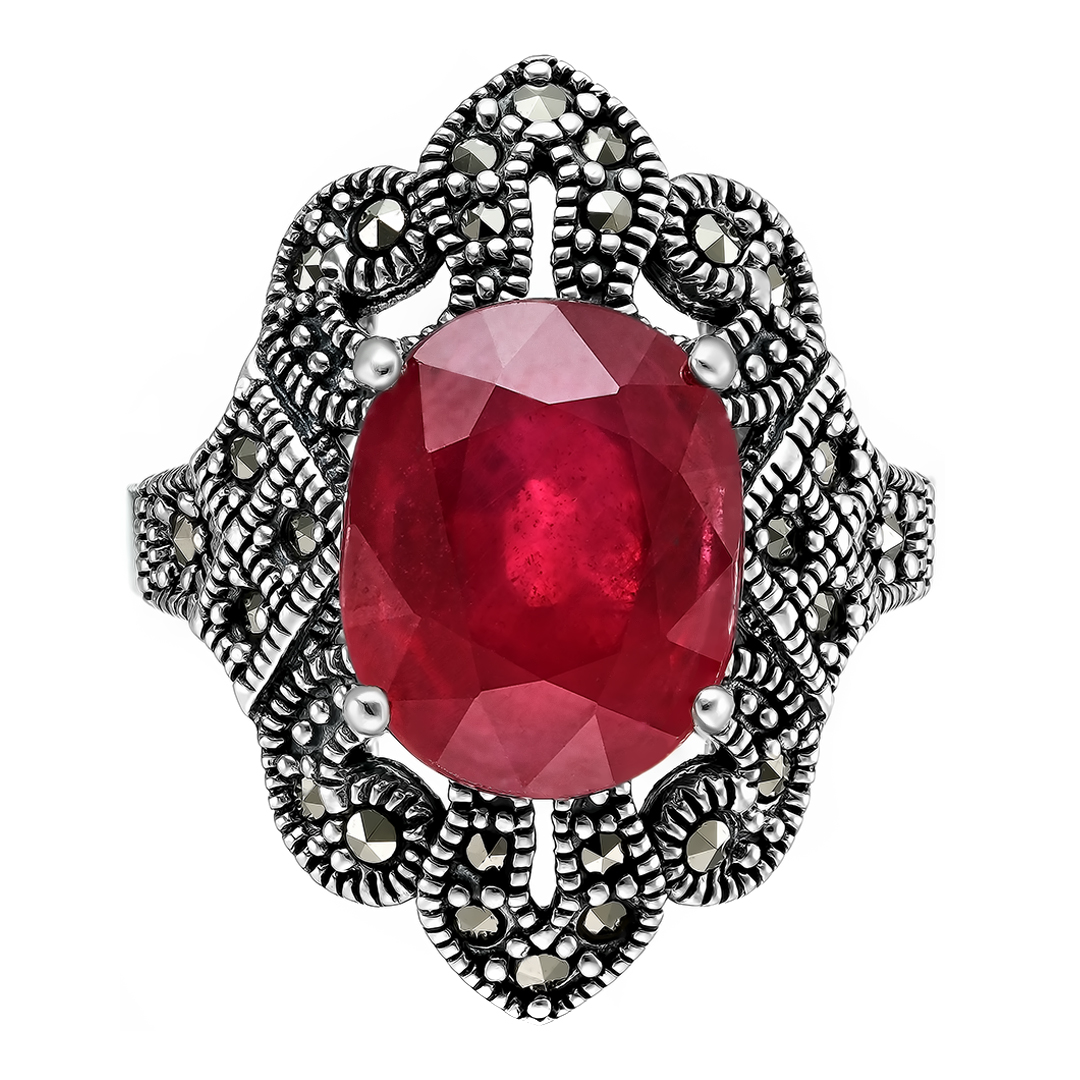 Серебряное кольцо с рубином и марказитами