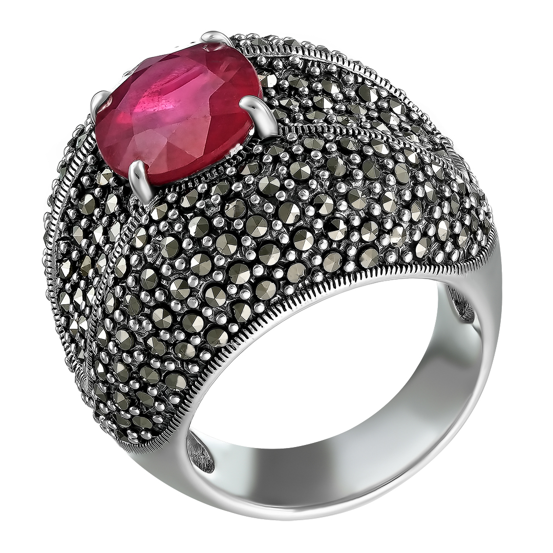 Серебряное кольцо с рубином и марказитами