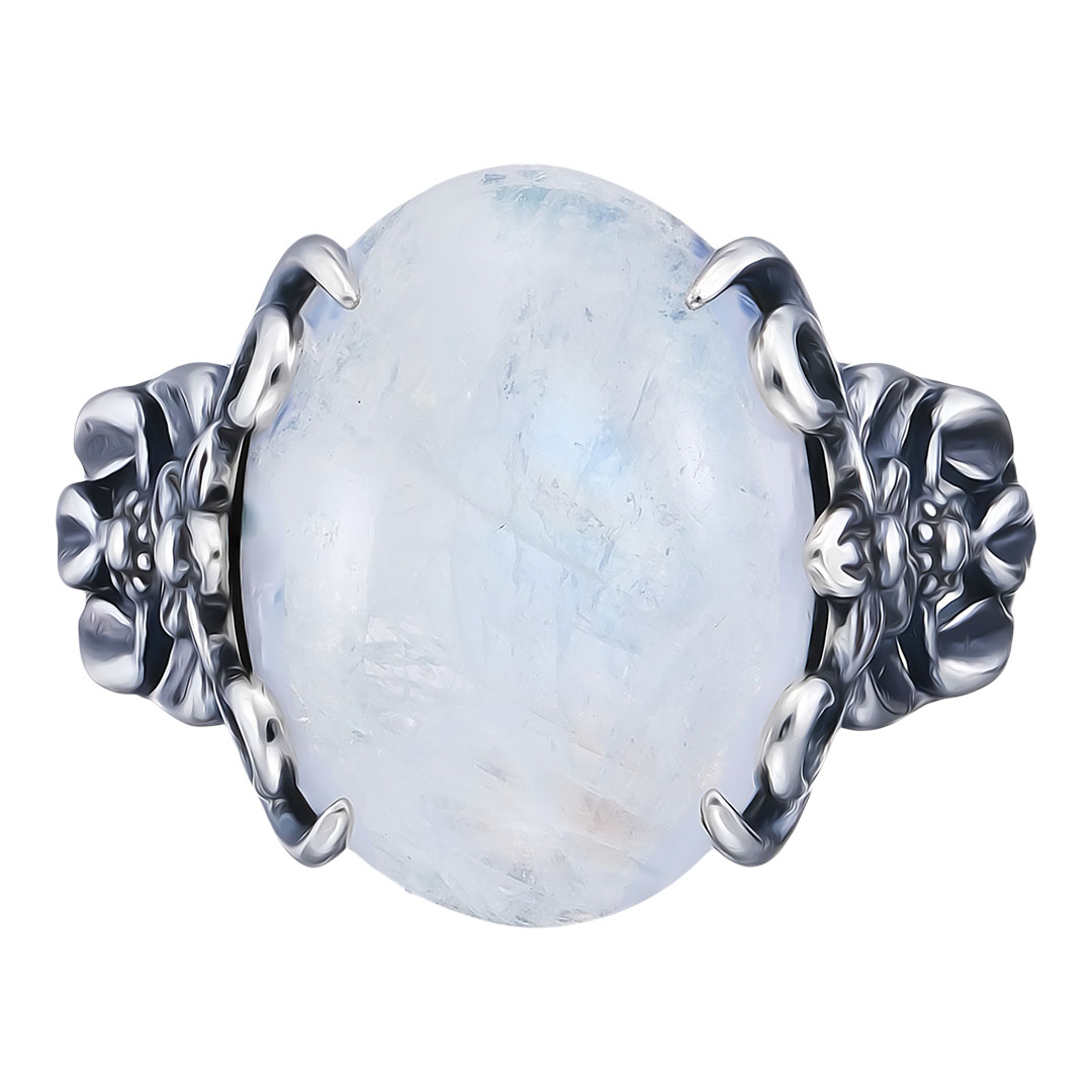 Серебряное кольцо 925 пробы; оксидирование; вставки 1 Лунный камень нат.;