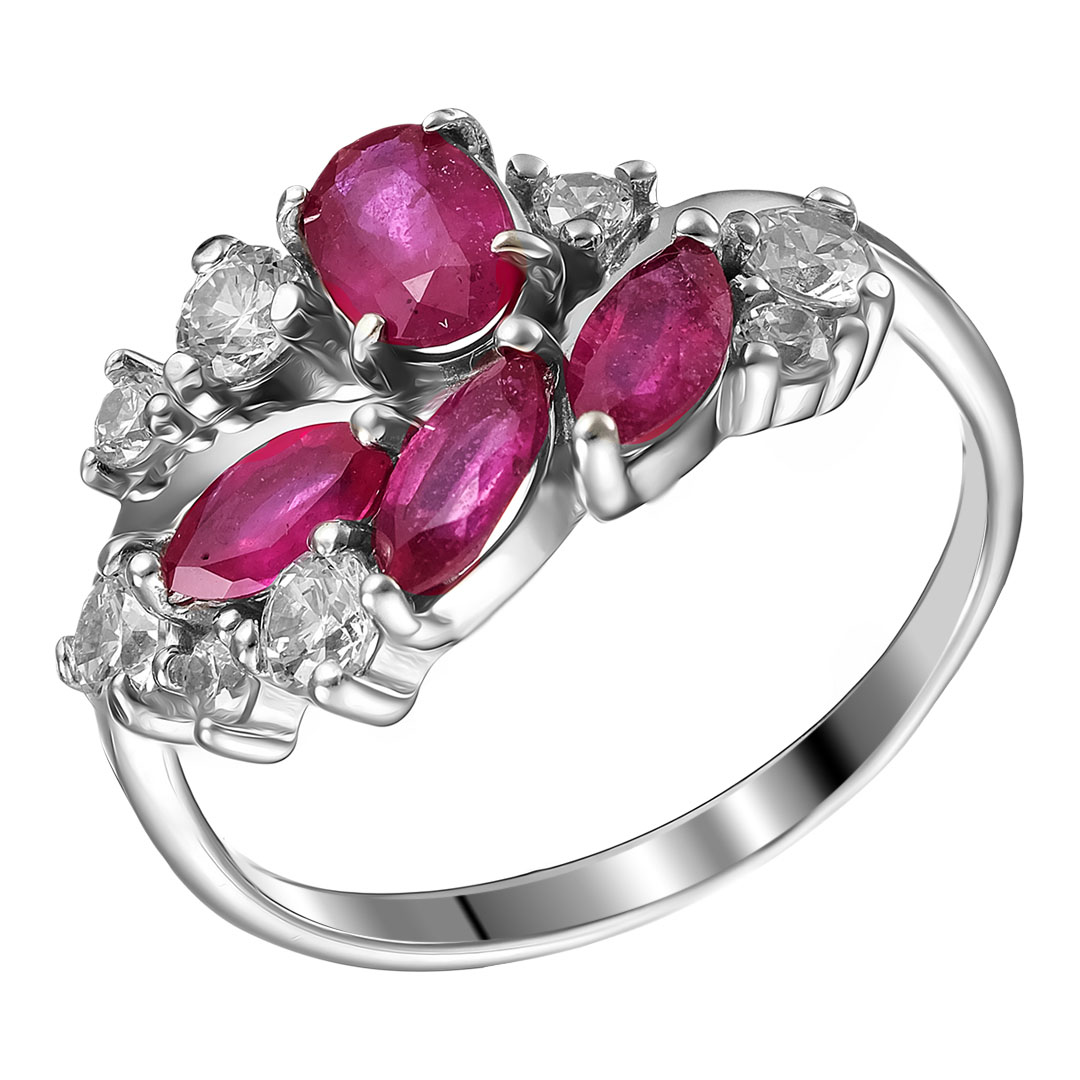 Серебряное кольцо 925 пробы; вставки 1 Рубин 0,75 F/2; 3 Рубин 1,1 F/2; 8 Фианит бесцв.;