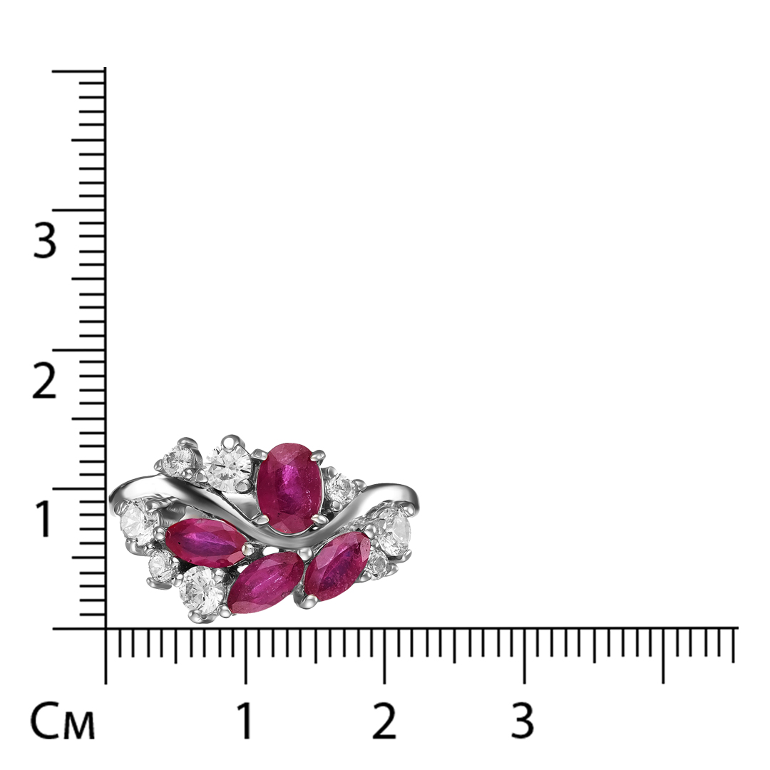 Серебряное кольцо 925 пробы; вставки 1 Рубин 0,75 F/2; 3 Рубин 1,1 F/2; 8 Фианит бесцв.;