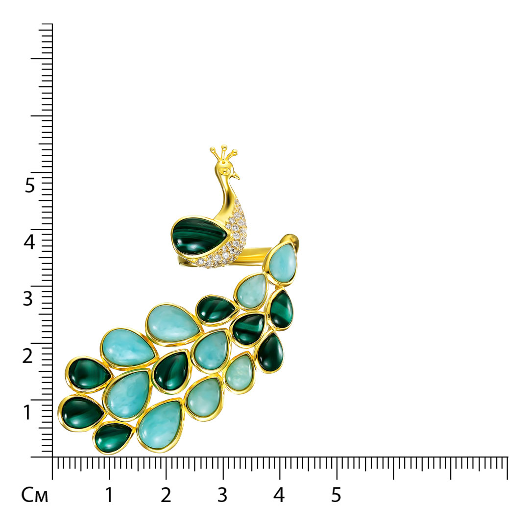 Серебряное кольцо 925 пробы; вставки 9 Малахит 4,9ct.; 9 Амазонит 3,2ct.; 39 Куб. Цирконий бесцв. 0,