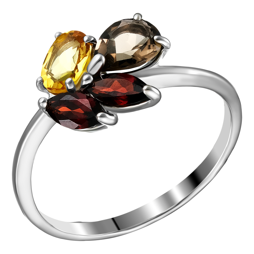 Серебряное кольцо 925 пробы; вставки 1 Цитрин; 1 Раухтопаз; 2 Гранат;