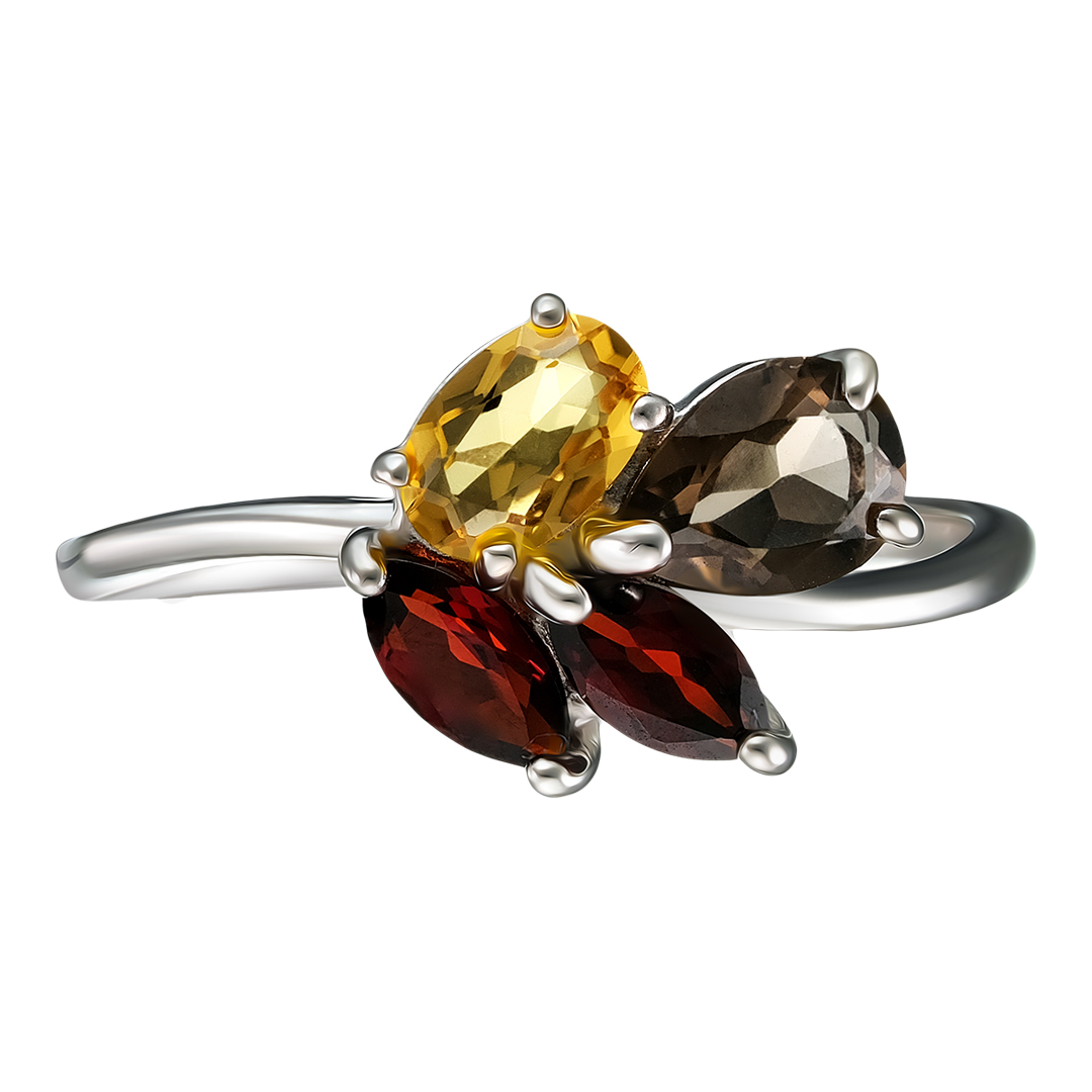 Серебряное кольцо 925 пробы; вставки 1 Цитрин; 1 Раухтопаз; 2 Гранат;