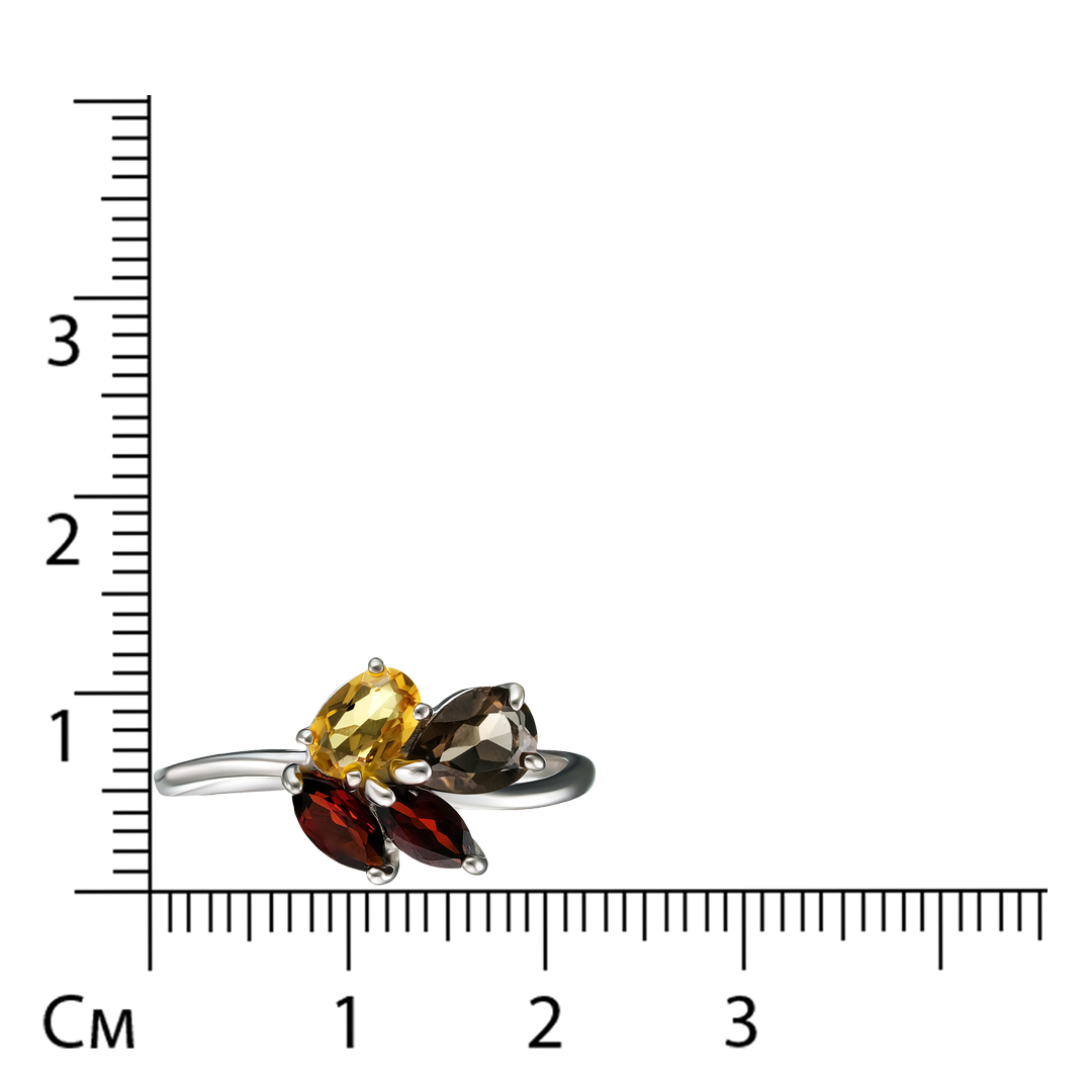 Серебряное кольцо 925 пробы; вставки 1 Цитрин; 1 Раухтопаз; 2 Гранат;