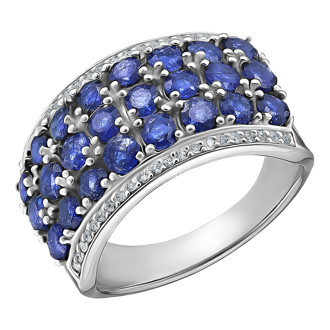 Серебряное кольцо 925 пробы; вставки 24 Сапфир F/2 3,1ct; 42 Топаз белый 0,2ct;