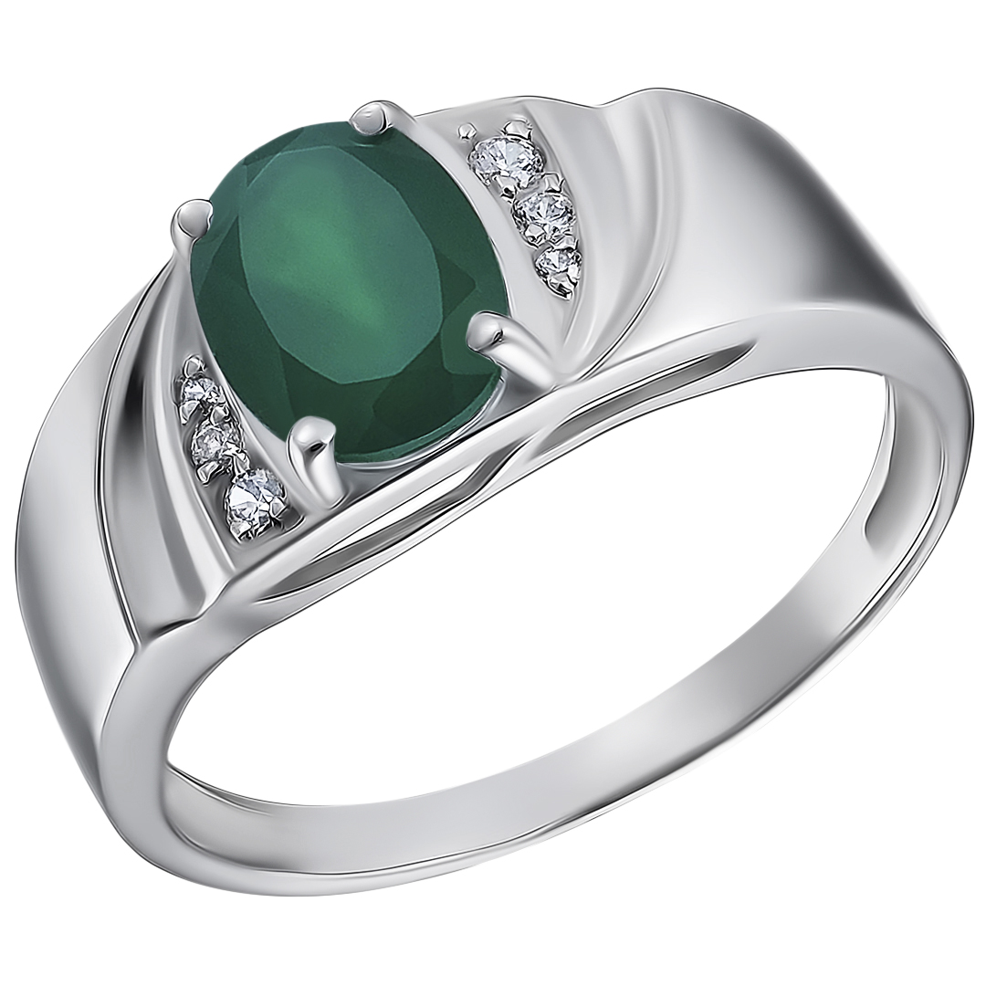 Серебряное кольцо 925 пробы; вставки 1 Агат зеленый; 12 Фианит бесцв.;