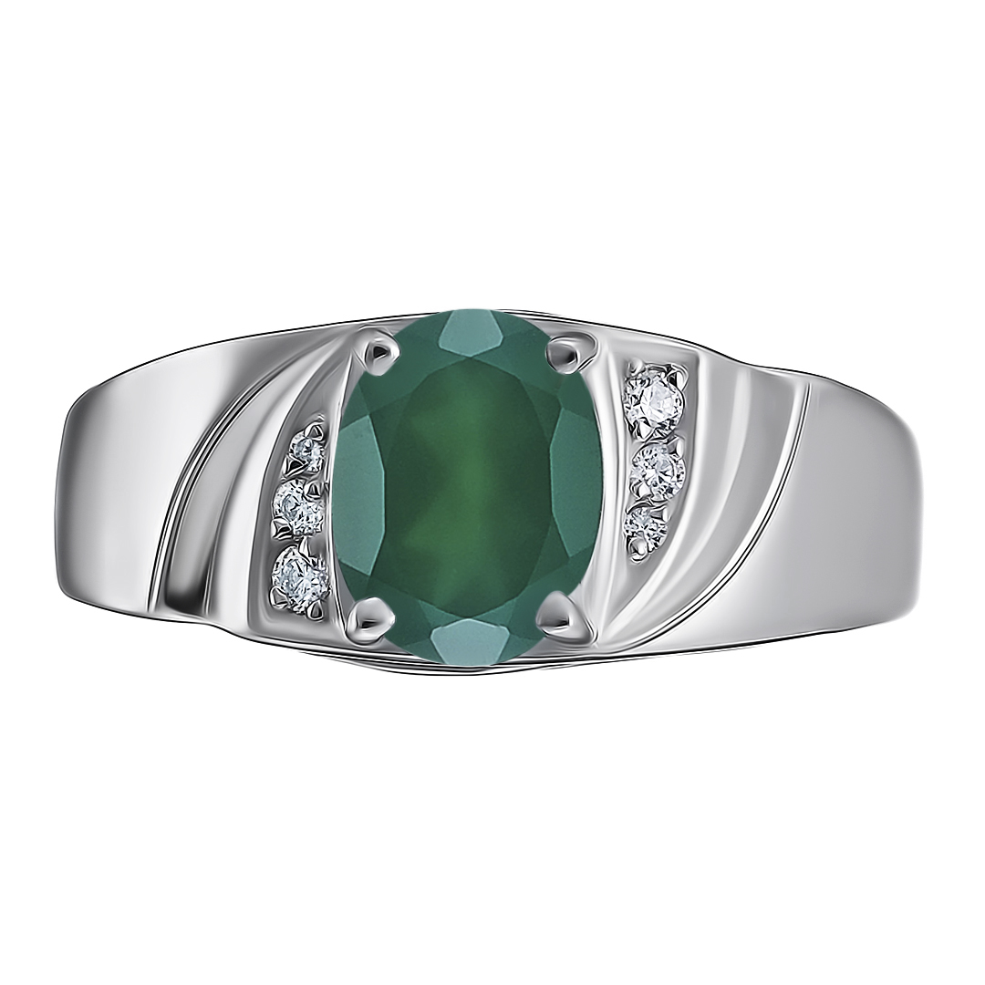 Серебряное кольцо 925 пробы; вставки 1 Агат зеленый; 12 Фианит бесцв.;