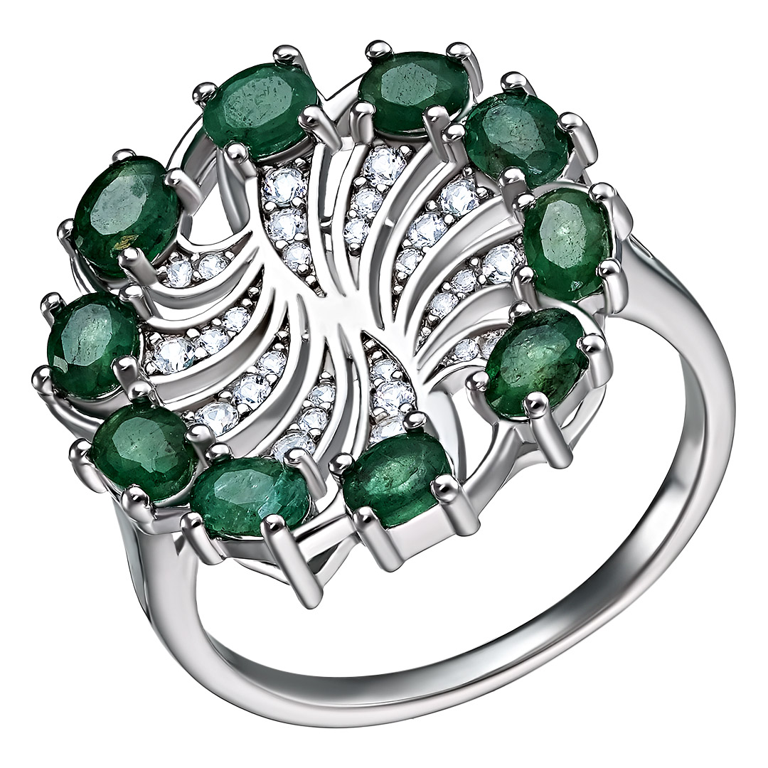 Серебряное кольцо 925 пробы; вставки 10 Изумруд (F) 1,7 ct. 4/Г3 (Бразилия); 28 Топаз белый;
