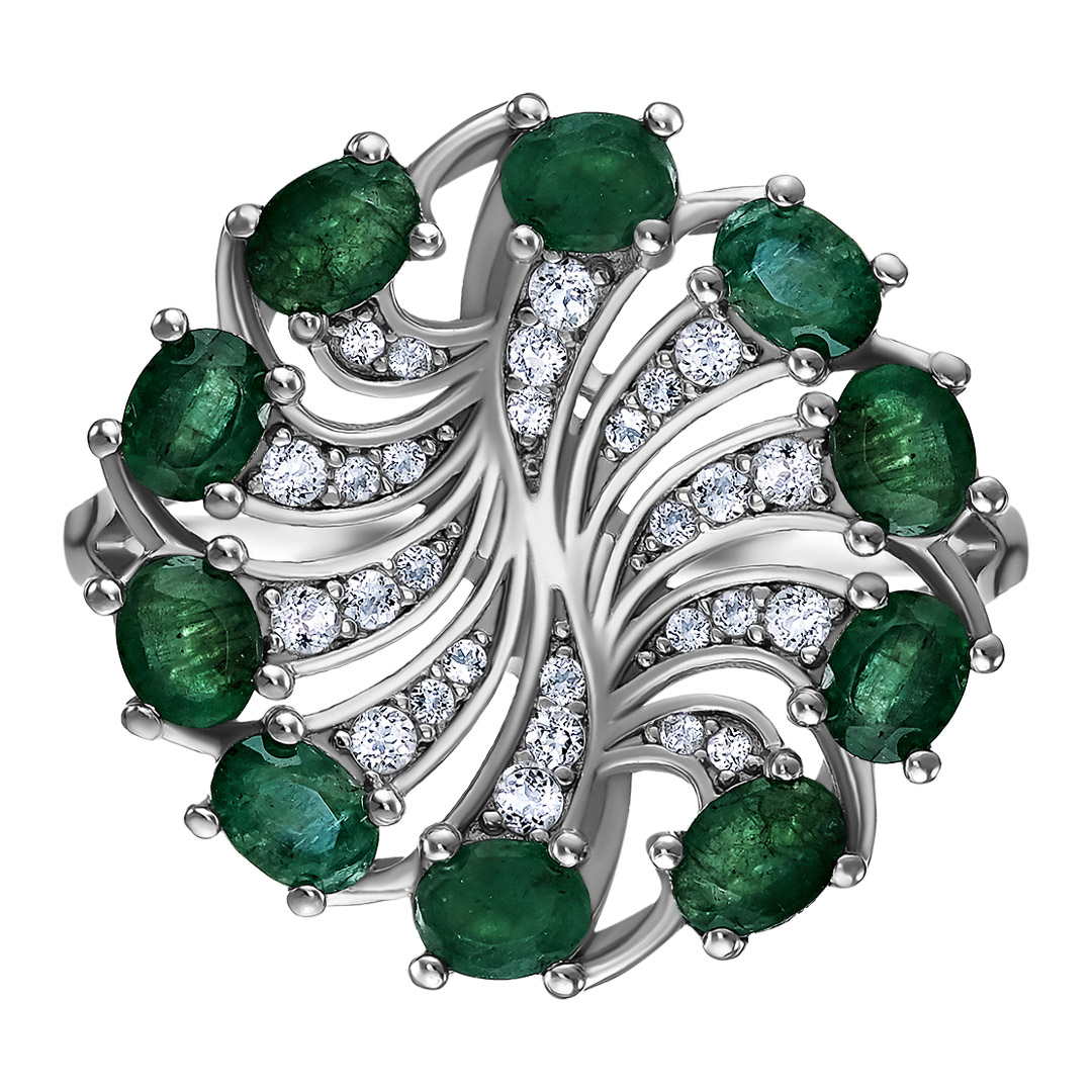 Серебряное кольцо 925 пробы; вставки 10 Изумруд (F) 1,7 ct. 4/Г3 (Бразилия); 28 Топаз белый;