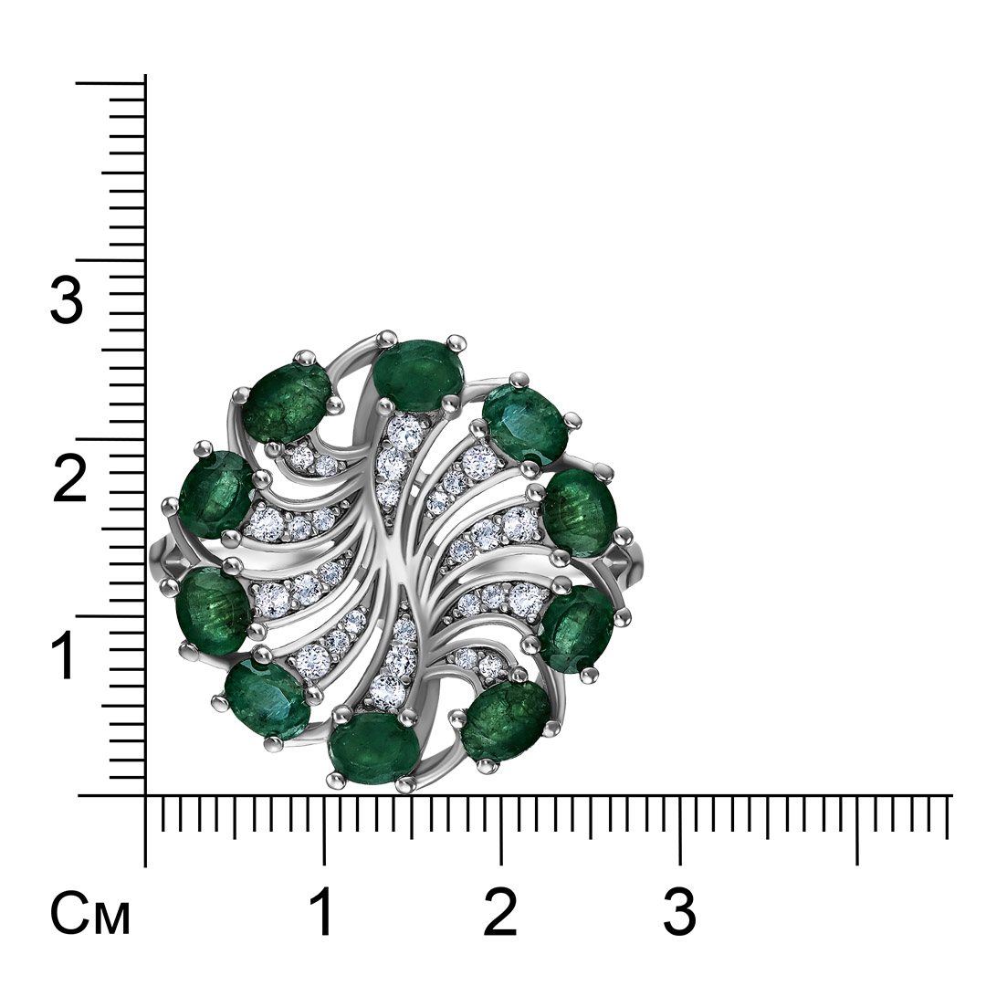 Серебряное кольцо 925 пробы; вставки 10 Изумруд (F) 1,7 ct. 4/Г3 (Бразилия); 28 Топаз белый;
