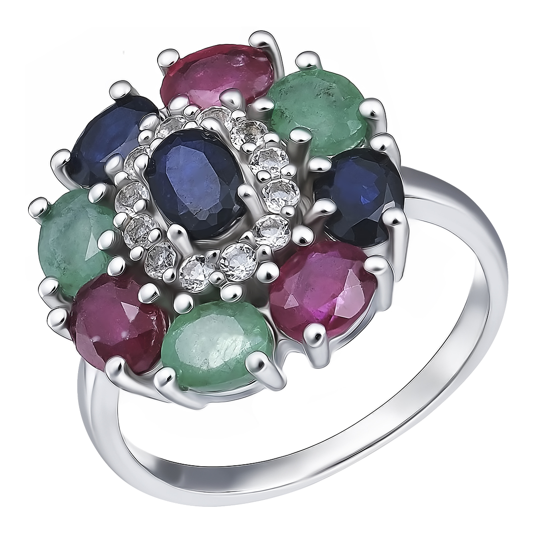 Серебряное кольцо 925 пробы; вставки 3 Изумруд (F) 4/Г3 0,95ct; 3 Рубин F/2 1,55ct; 3 Сапфир F/2 1,4