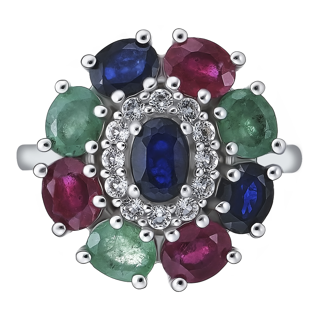Серебряное кольцо 925 пробы; вставки 3 Изумруд (F) 4/Г3 0,95ct; 3 Рубин F/2 1,55ct; 3 Сапфир F/2 1,4
