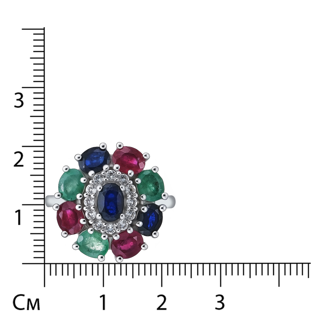 Серебряное кольцо 925 пробы; вставки 3 Изумруд (F) 4/Г3 0,95ct; 3 Рубин F/2 1,55ct; 3 Сапфир F/2 1,4