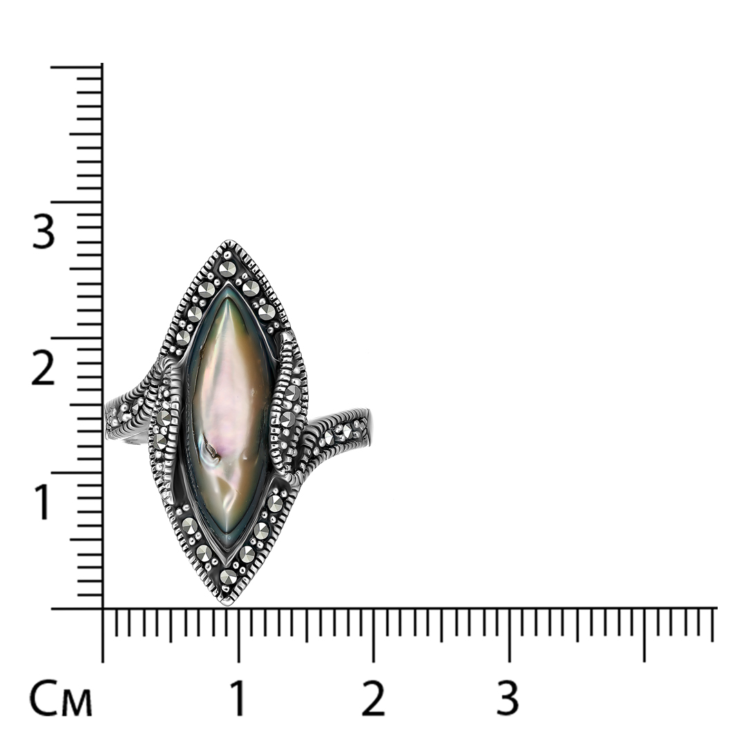 Серебряное кольцо 925 пробы; оксидирование; вставки 1 Перламутр абалон; 20 Марказит;