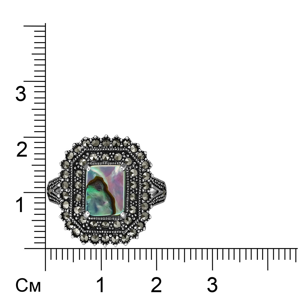 Серебряное кольцо 925 пробы; оксидирование; вставки 1 Перламутр абалон; 50 Марказит;