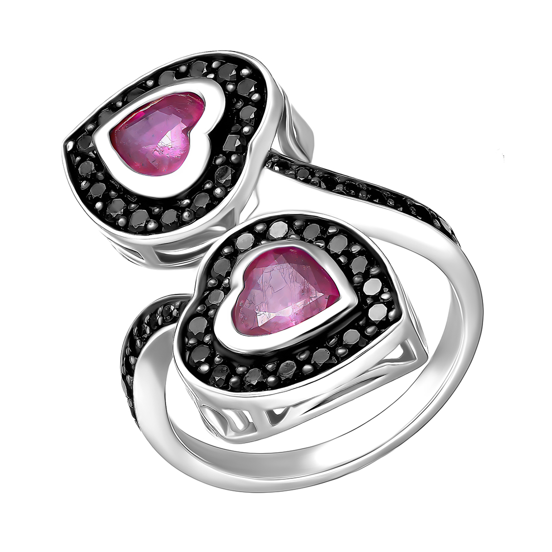 Серебряное незамкнутое кольцо с рубинами "Сердца"