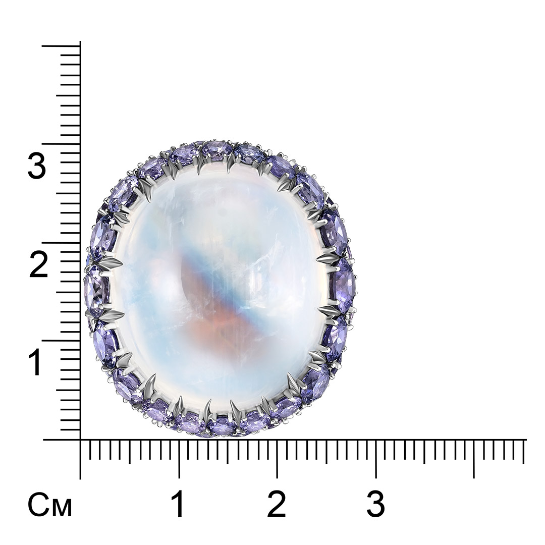 Кольцо из белого золота с радужным лунным камнем
