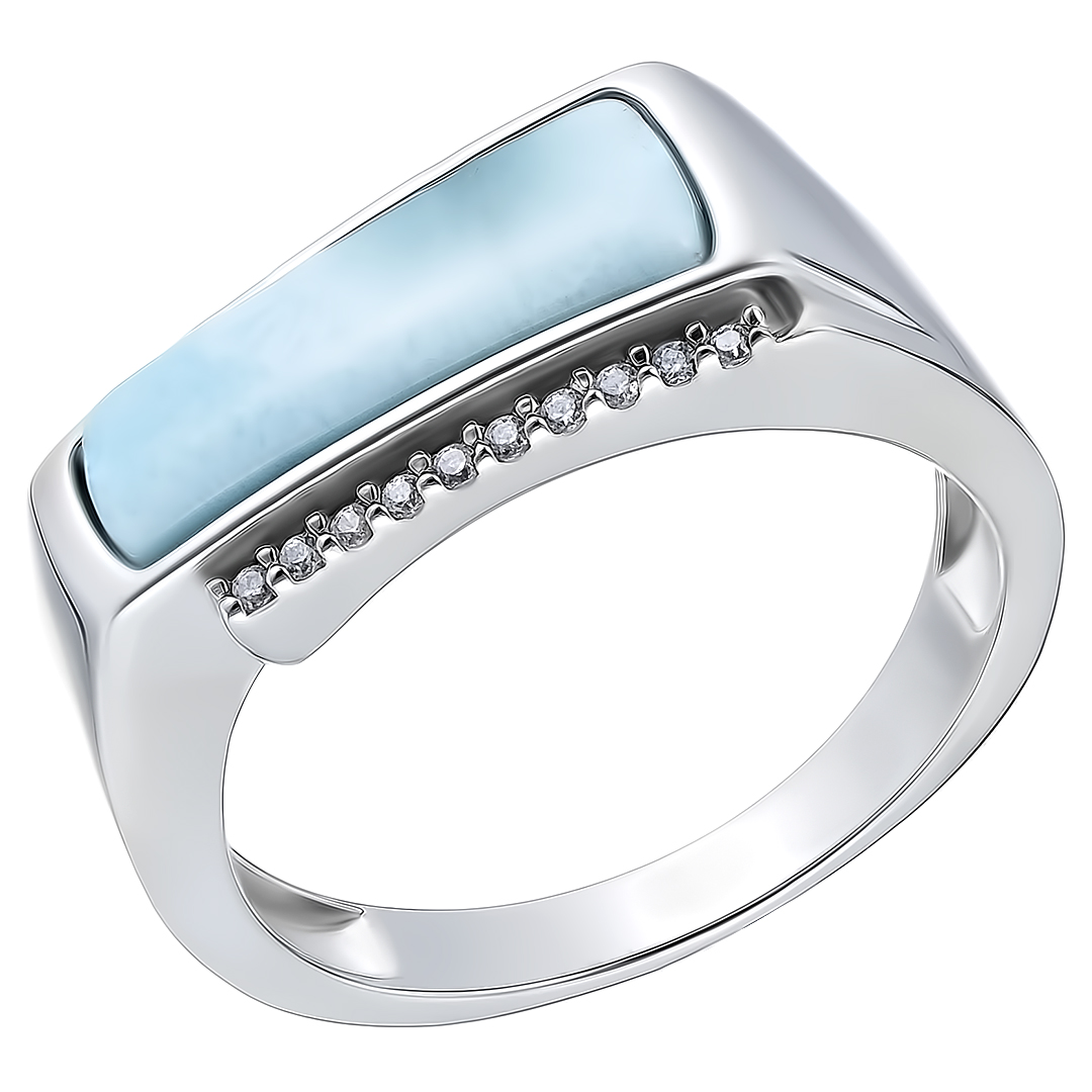 Серебряное кольцо 925 пробы; вставки 1 Ларимар 2,15ct; 10 Куб. Цирконий бесцв. 0,15ct;