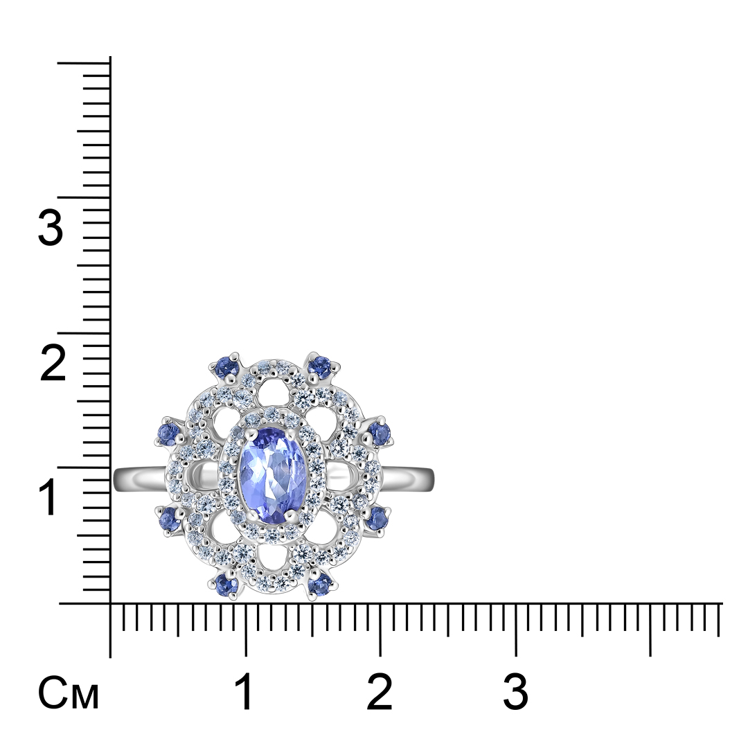 Серебряное кольцо 925 пробы; вставки 1 Танзанит 0,4ct; 8 Циркон голуб. 0,12ct; Россыпь Циркон бесцв.