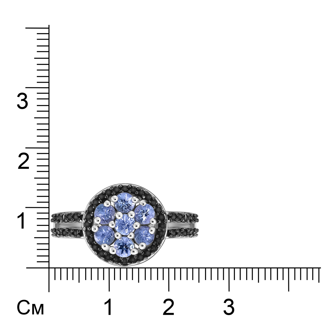 Серебряное кольцо 925 пробы; родий (бел., черн); вставки 7 Танзанит 0,65ct; Россыпь Шпинель черн. 0,