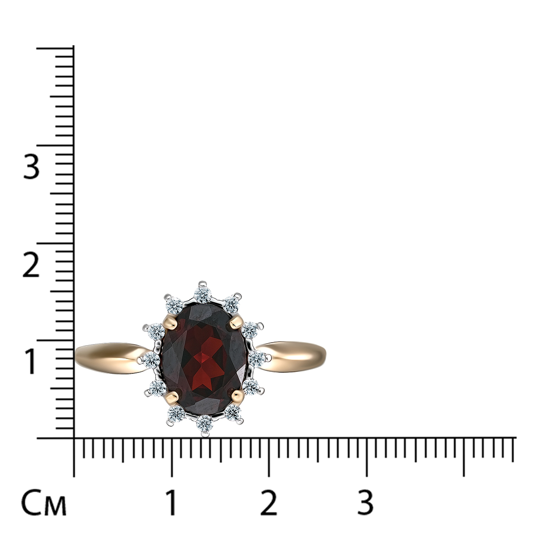 Серебряное кольцо 925 пробы; вставки 1 Гранат; 12 Фианит бесцв.;