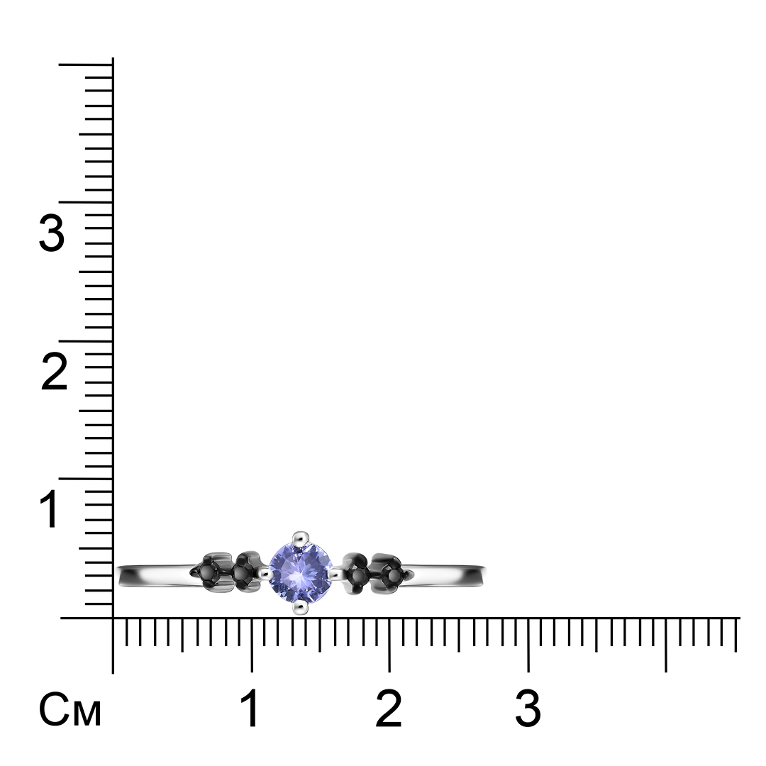 Серебряное кольцо 925 пробы; родий (бел., черн); вставки 1 Танзанит 0,25ct; 4 Шпинель черн. 0,05ct;